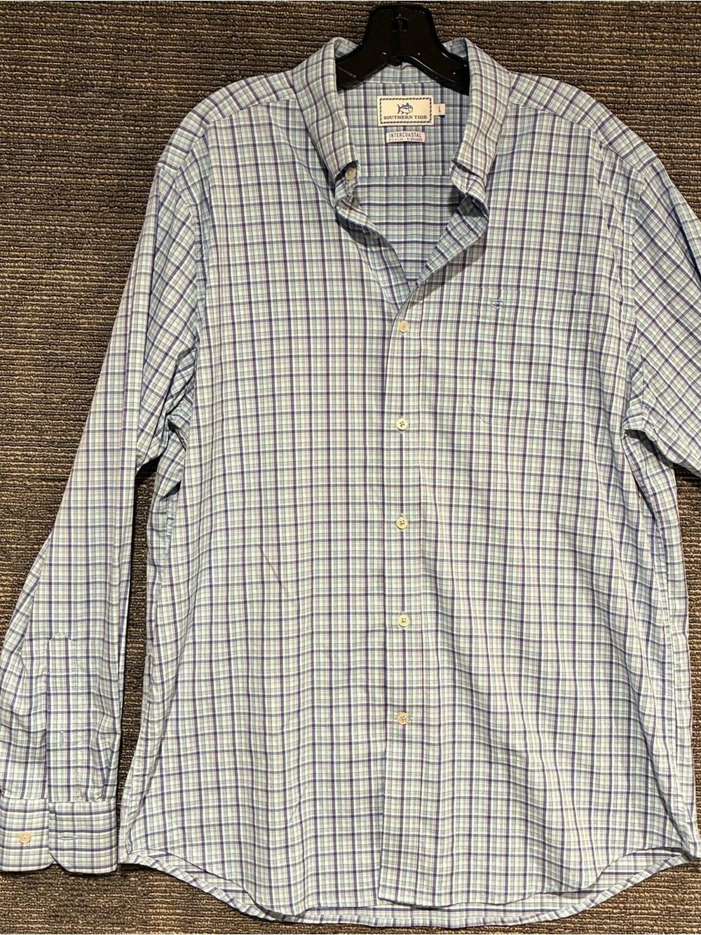 Southern Tide Men's Light Blue and Purple Plaid Button-Up Shirt